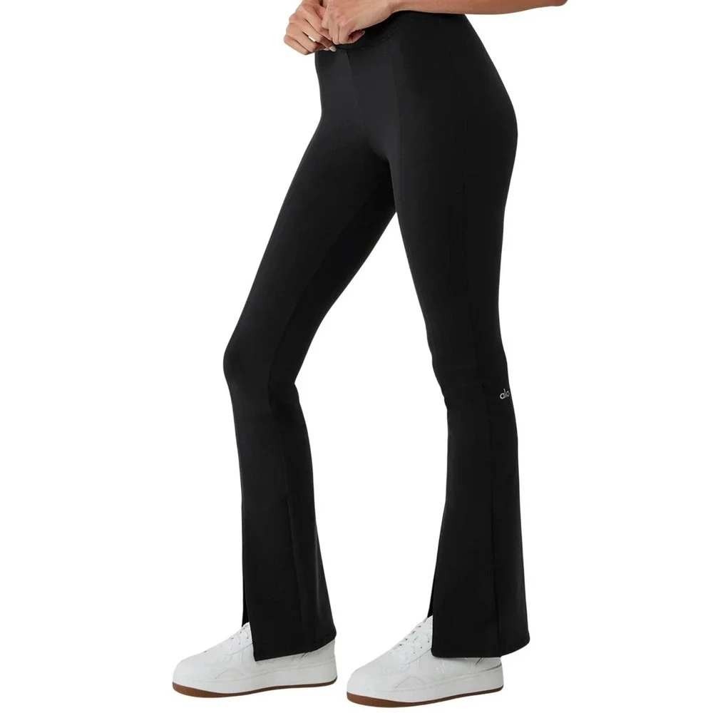 ALO Yoga Women's Airbrush High-Waist Flutter Leggings Black Front Slit Sporty